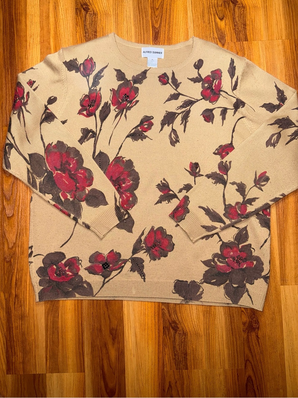 Vintage Alfred Dunner Tan Sweater with Red Floral Print